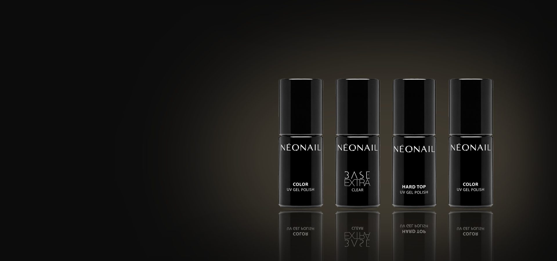 Flacons de vernis semi-permanent, base et top Néonail sur fond noir