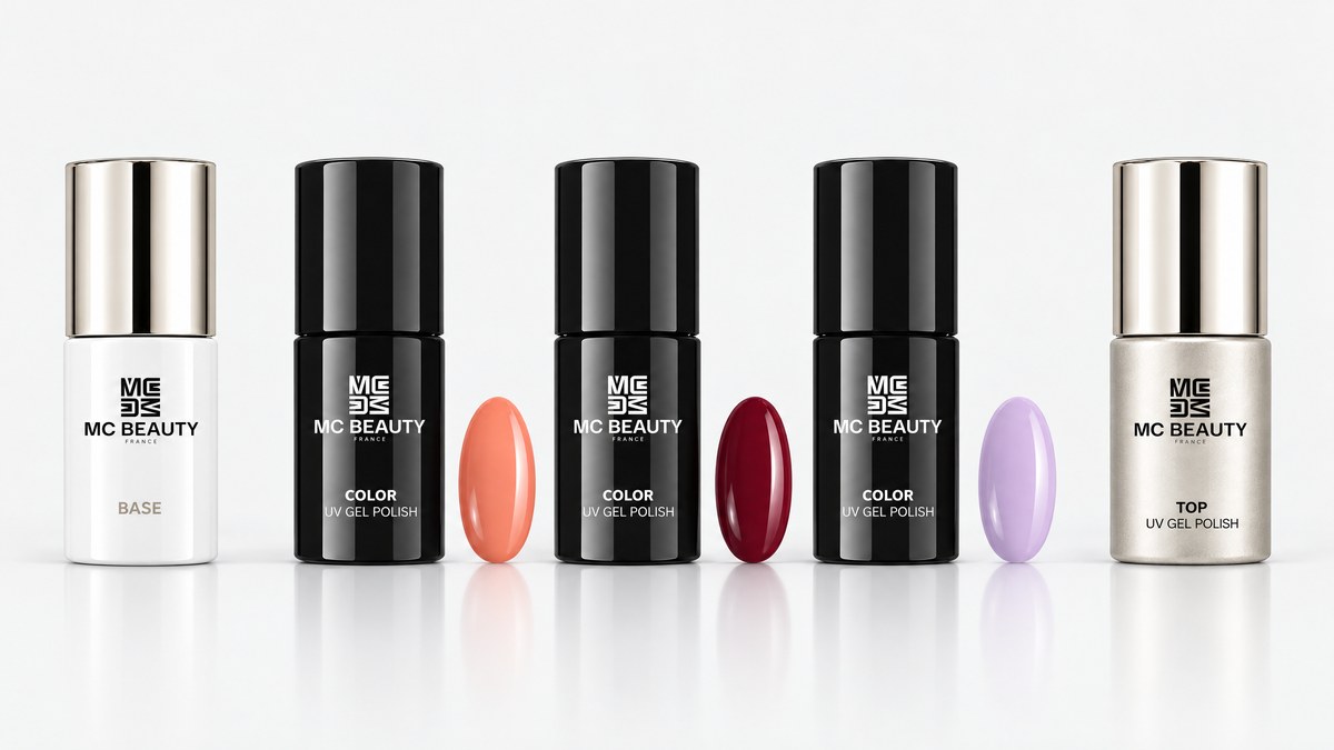 Le nouveau packaging MC Beauty : base, flacons COLOR noirs avec leur ongle, top