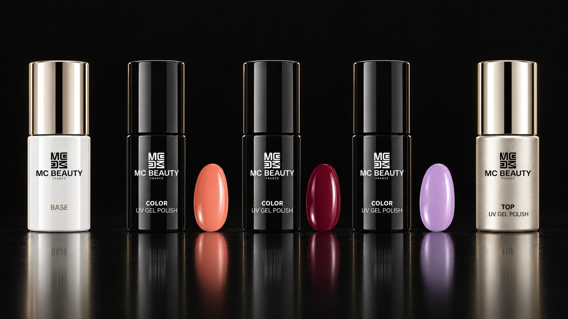 Le nouveau packaging MC Beauty : base blanche, trois flacons COLOR noirs avec leur ongle, top argenté, sur fond noir